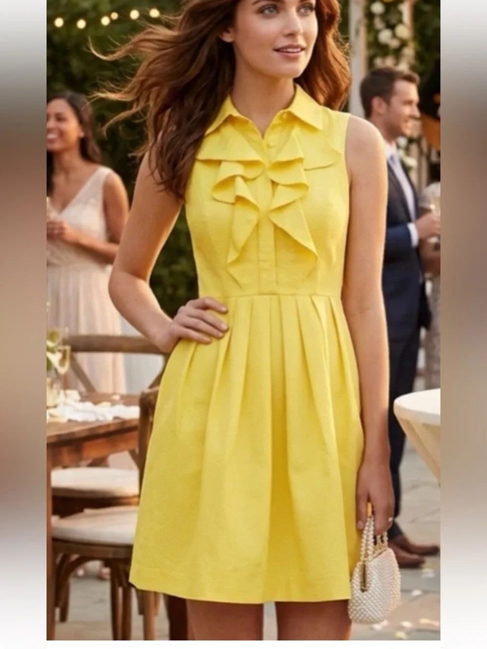 Shoshanna Ruffle Button Up Yellow Silk Fit Flare Pleated Sleeveless Dress